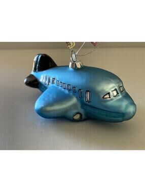 St. Nicholas Square Around the World Blue Airplane Glass Ornament (4.25" L)